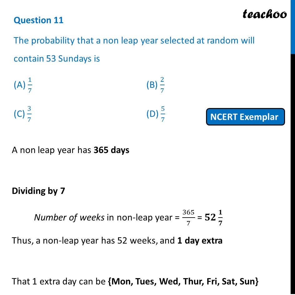 The Probability That A Non Leap Year Will Contain 53 Sundays Is MCQ 