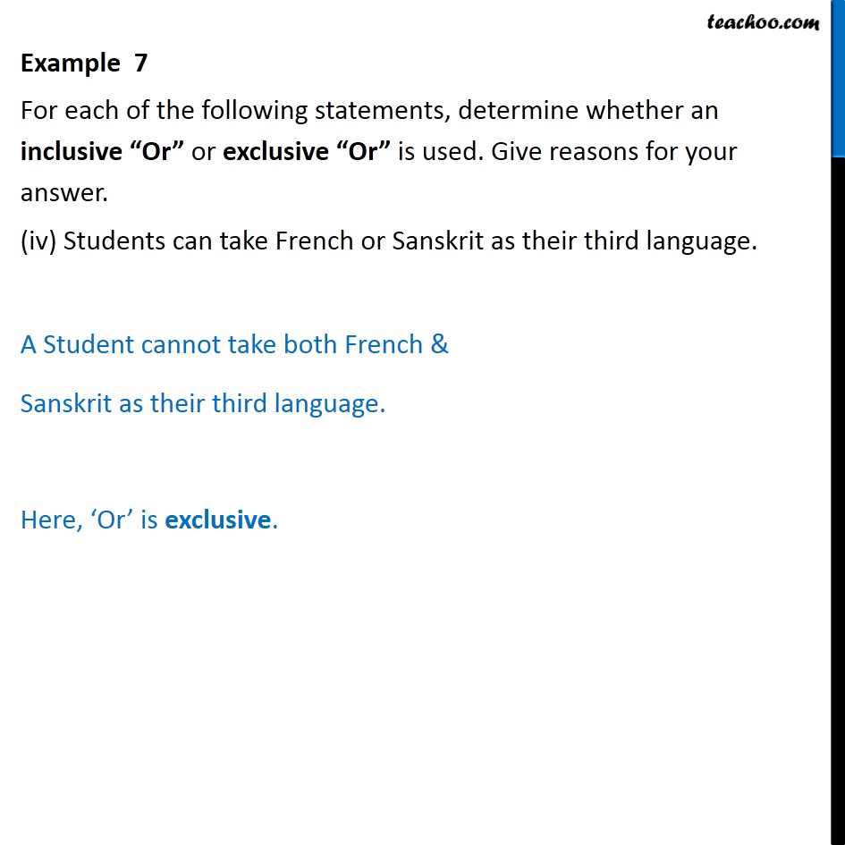 Example 7 - For each, determine inclusive 'Or' or exclusive - Examples