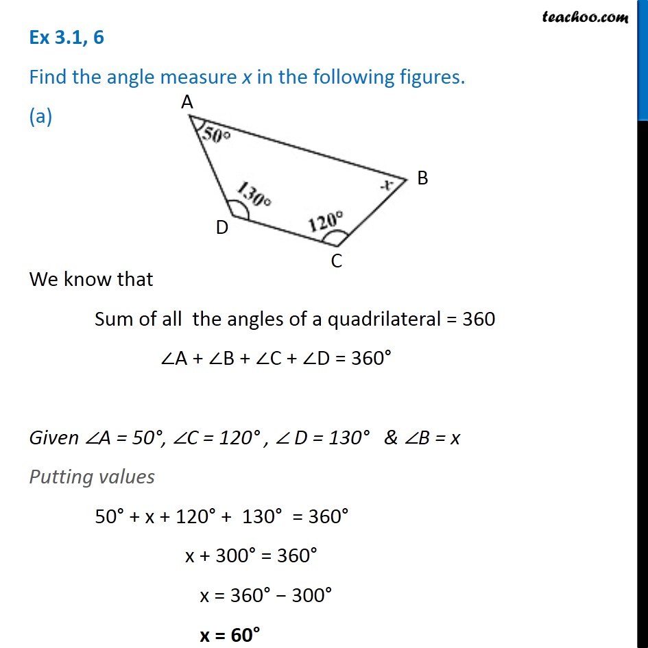 Ex 3.1, 6 - Find the angle measure x in the figures - Class 8