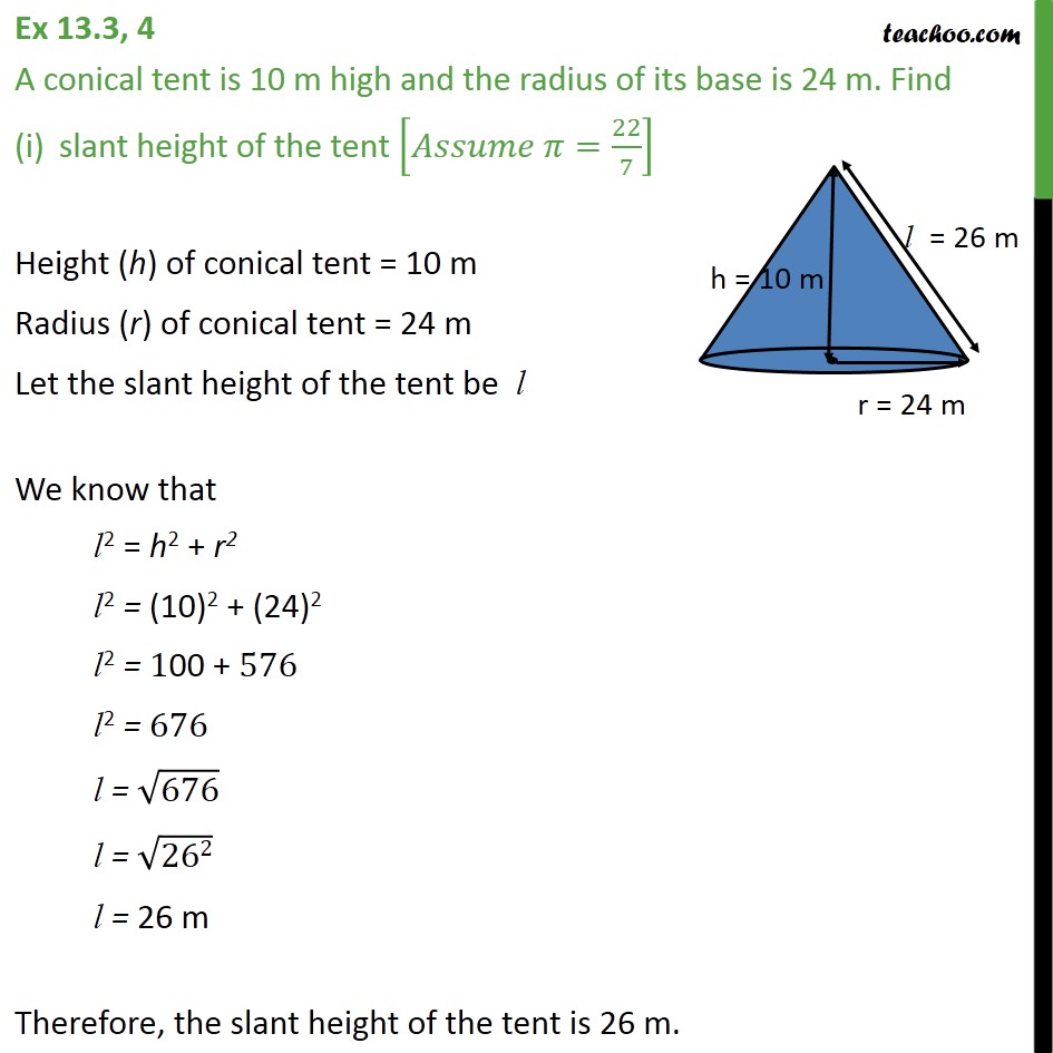 Ex 11.1, 4 - A conical tent is 10 m high and the radius - Ex 11.1