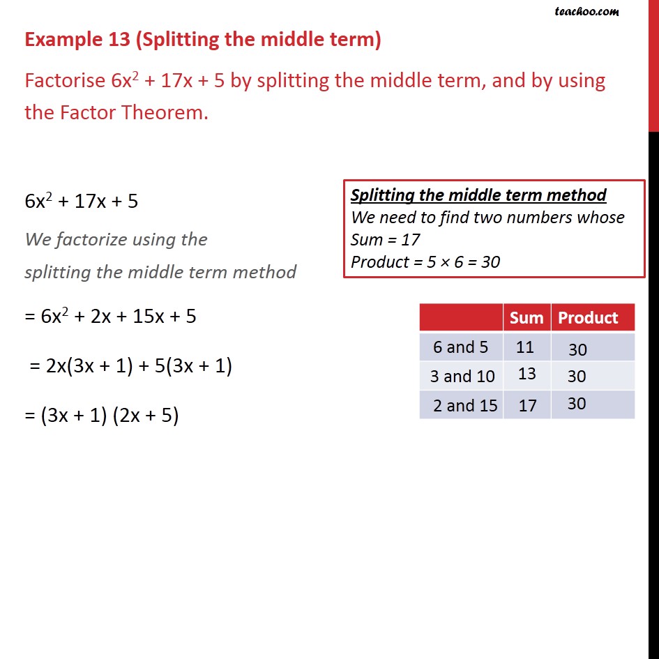 Example 13 - Factorise 6x2 + 17x + 5 by splitting the - Examples