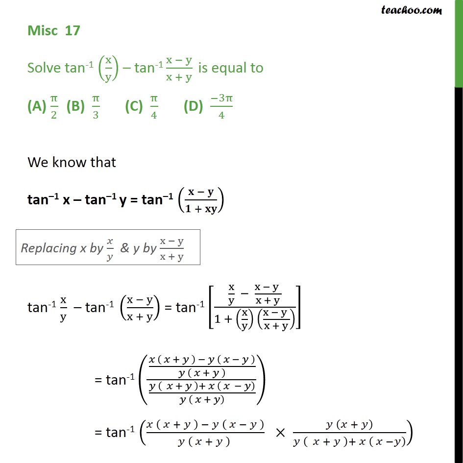 Misc 17 Solve tan1 (x/y) tan1 (x y)/(x + y