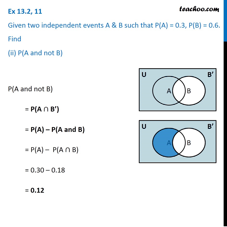 Ex 13 2 11 ii Given P A 0 3 P B 0 6 Find P A And Not B 