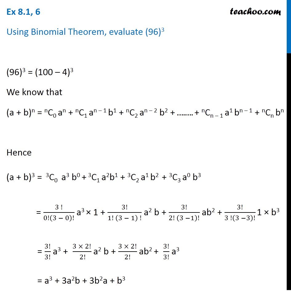 Ex 8.1 6 - Using Binomial Theorem, evaluate (96)3 - Chapter 8
