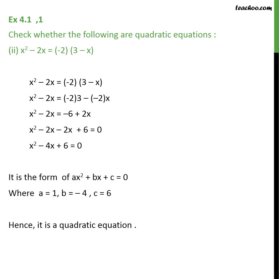 Ex 4 1 1 Class 10 Check Whether Following Are Quadratic Equations