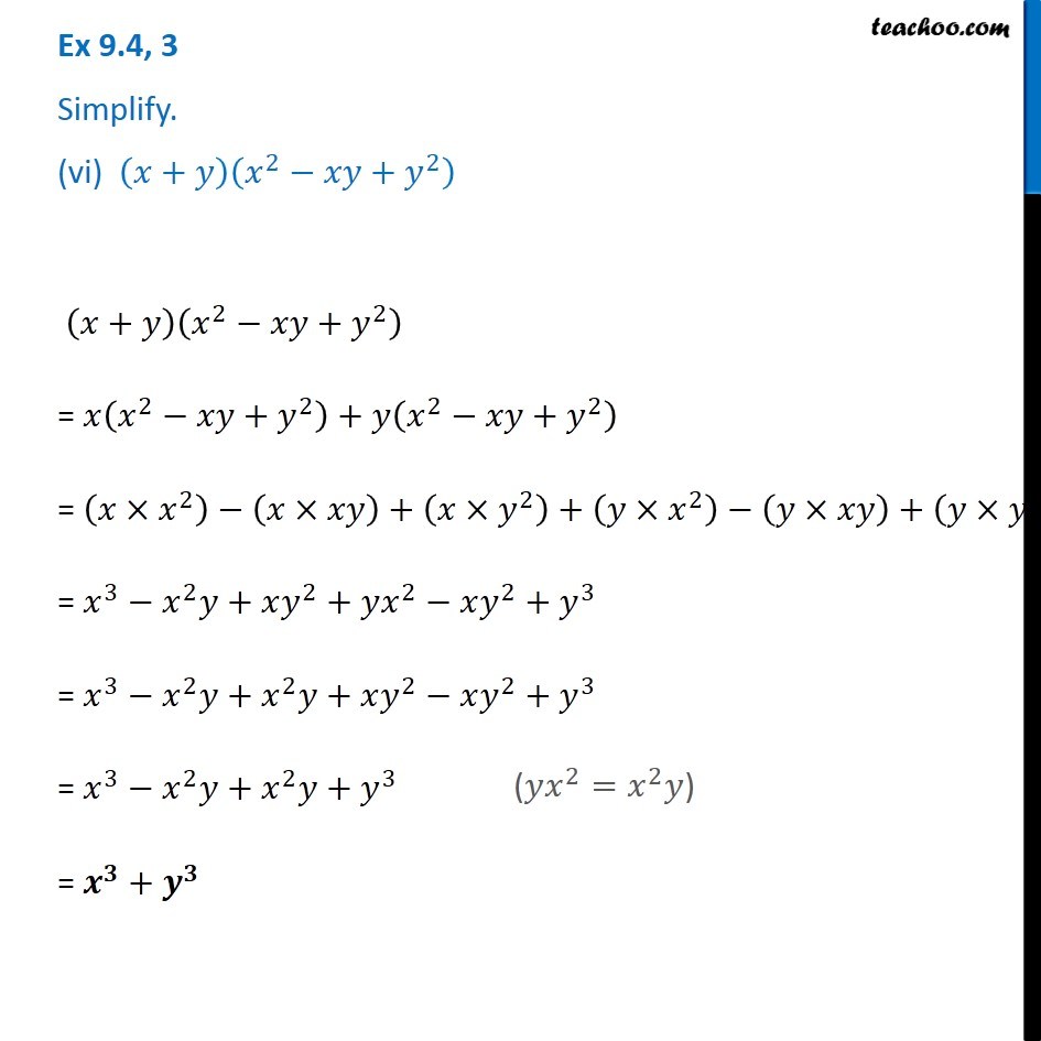 Ex 9 4 3 Vi Simplify X Y X 2 Xy Y 2 Chapter 9 Class 8