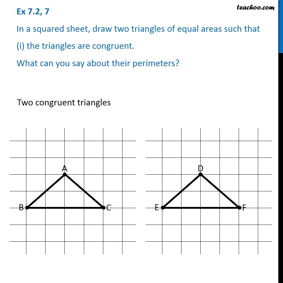 In a squared sheet, draw two triangles of equal areas such that