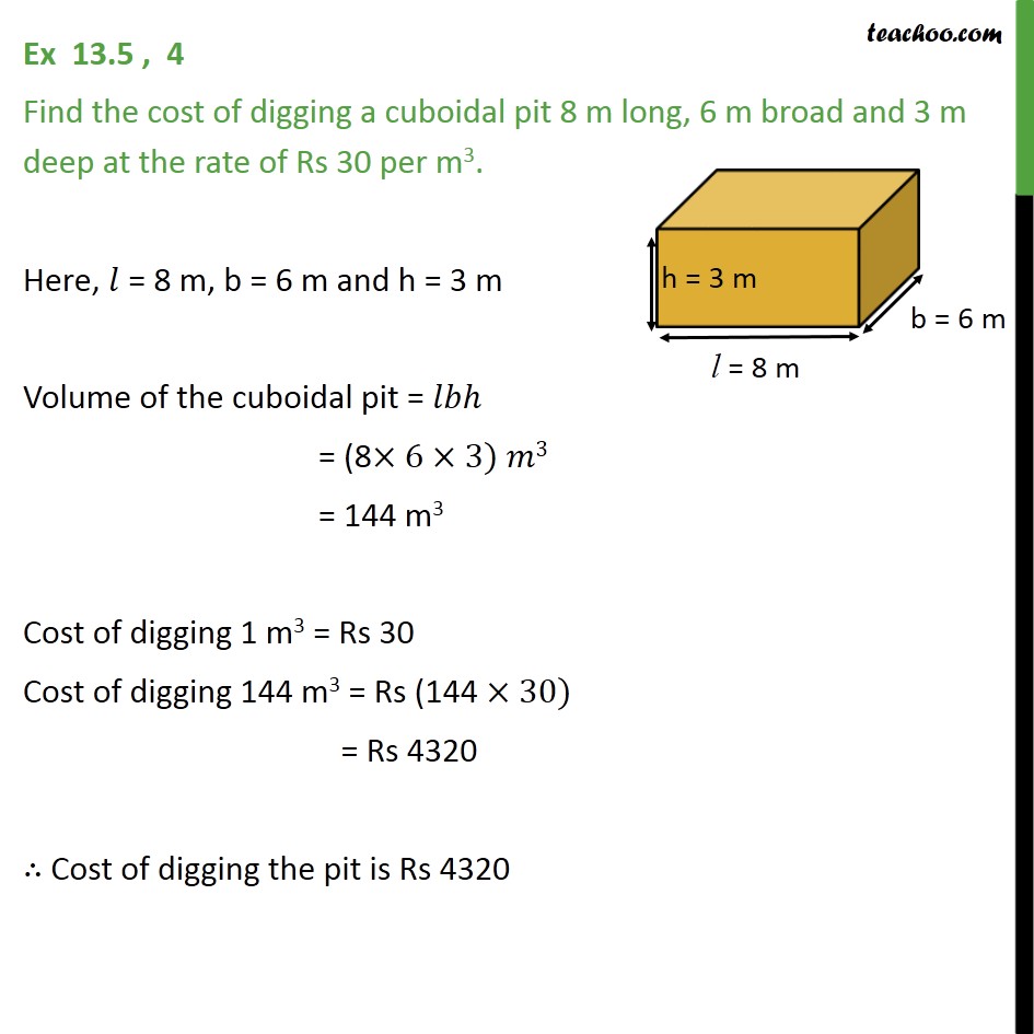 Ex 13.5, 4 - Find cost of digging a cuboidal pit 8 m long - Volume Of Cube/Cuboid