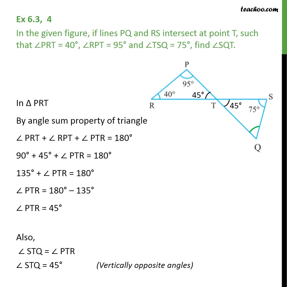 Ex 6.3, 4 - In figure, if lines PQ & RS intersect at point T - Triangle - Problems