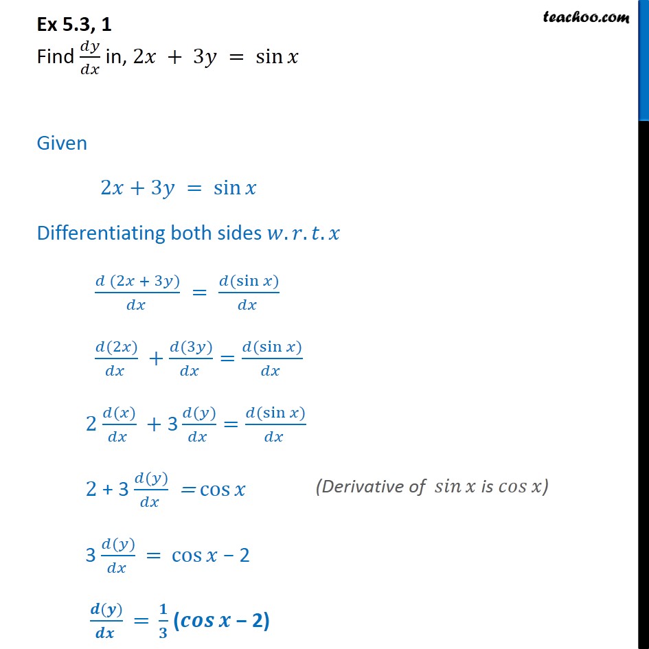 Ex 53 1 Class 12 Maths Find Dydx In 2x 3y Sin X