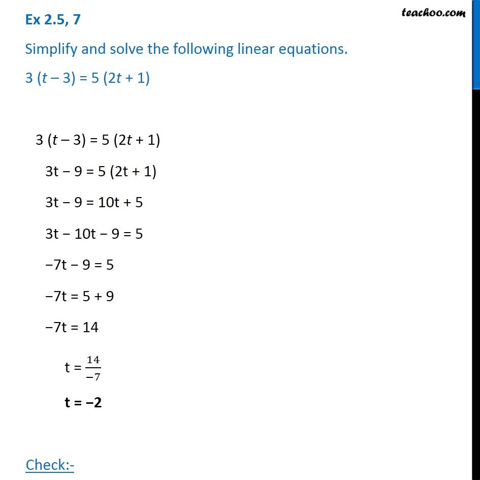 Ex 2.5, 7 - Simplify and solve 3(t - 3) = 5(2t + 1) - Class 8