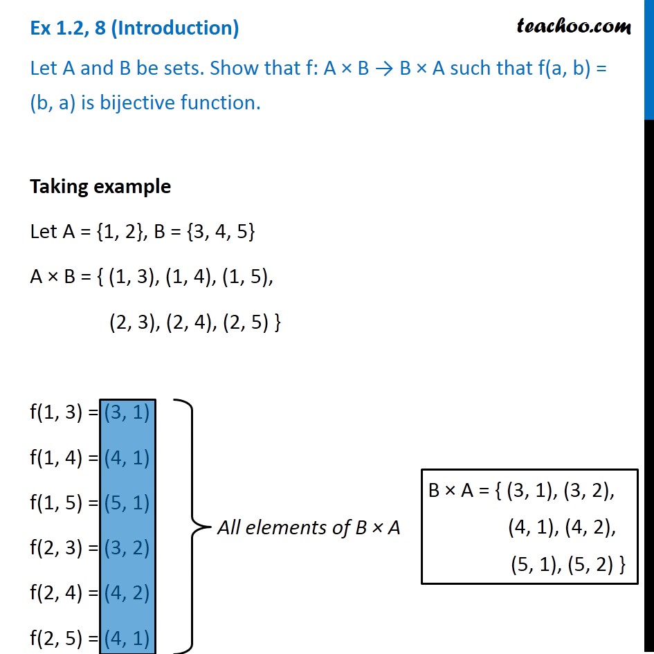 Ex 1.2, 8 - Show That F: A X B -> B X A, F(a, B) = (b, A) Is Bijective