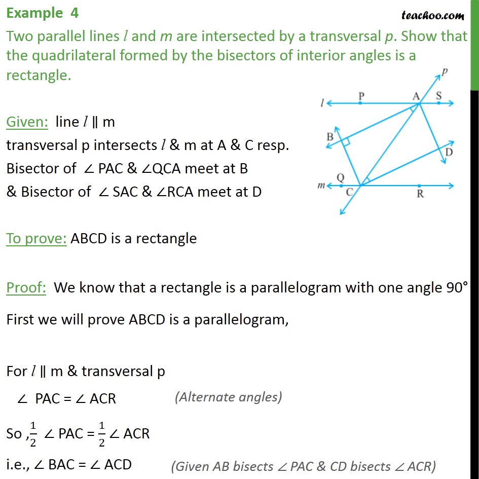 Example 4 - Two parallel lines l and m are intersected - Opposite sides of parallelogram