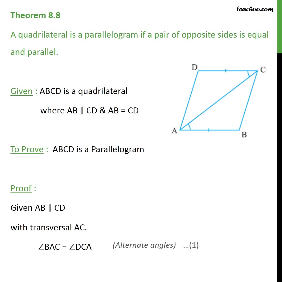 Theorem 8.8 - Class 9 - If a pair of opposite sides is equal parallel