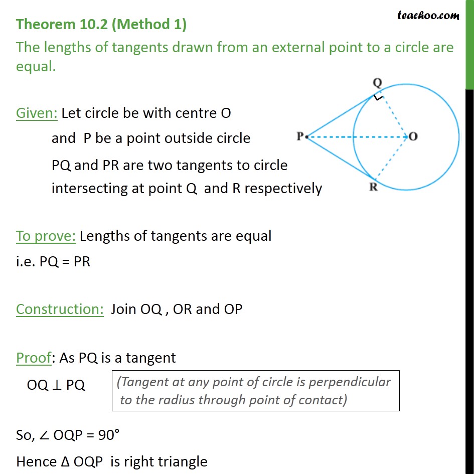 Theorem 102 Class 10 Tangents From External Point Of Circle Are