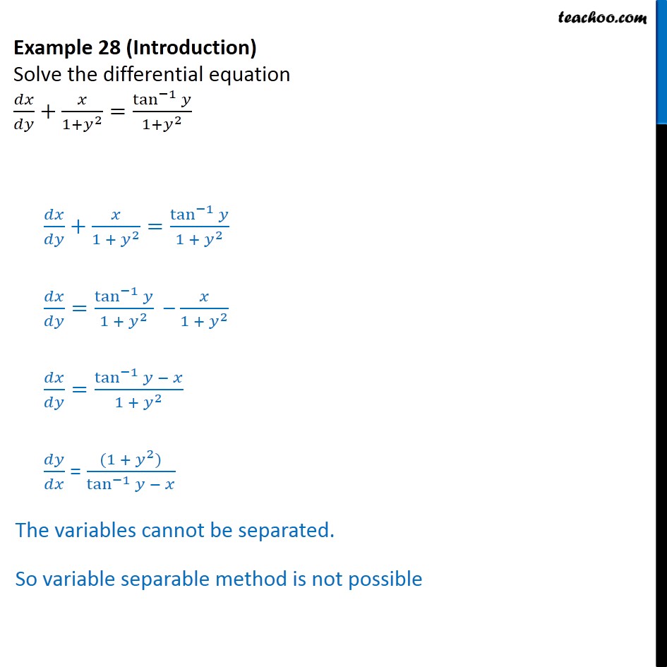 Example 28 - Solve differential equation dx/dy + x/1+y^2 = tan-1 y