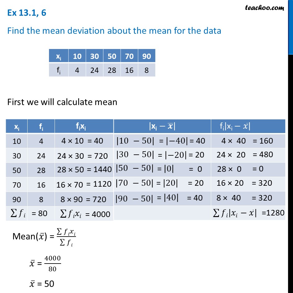 Ex 13.1, 6 - Find mean deviation about mean - Chapter 15 CBSE