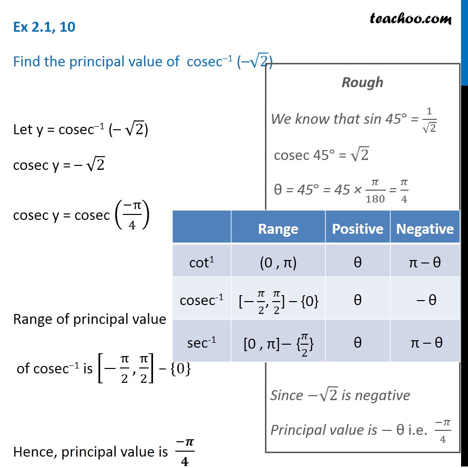 Ex 2.1, 10 - Find principal value of cosec-1 (- root 2) - Ex 2.1