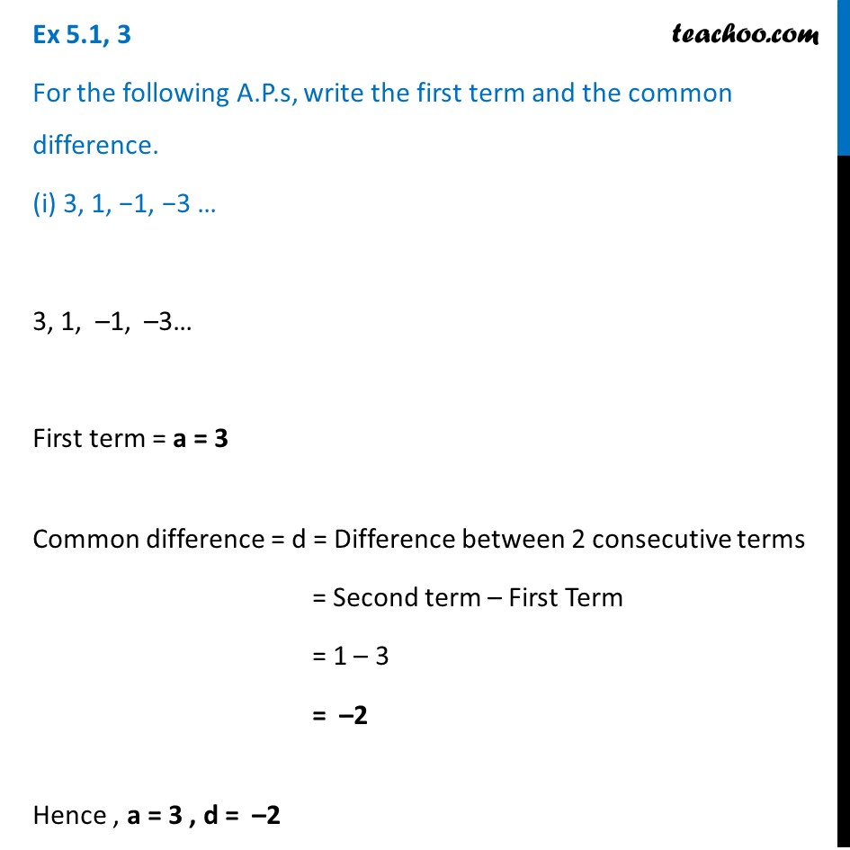 Ex 5.1, 3 - For the A.P.s, write first term and common - Ex 5.1