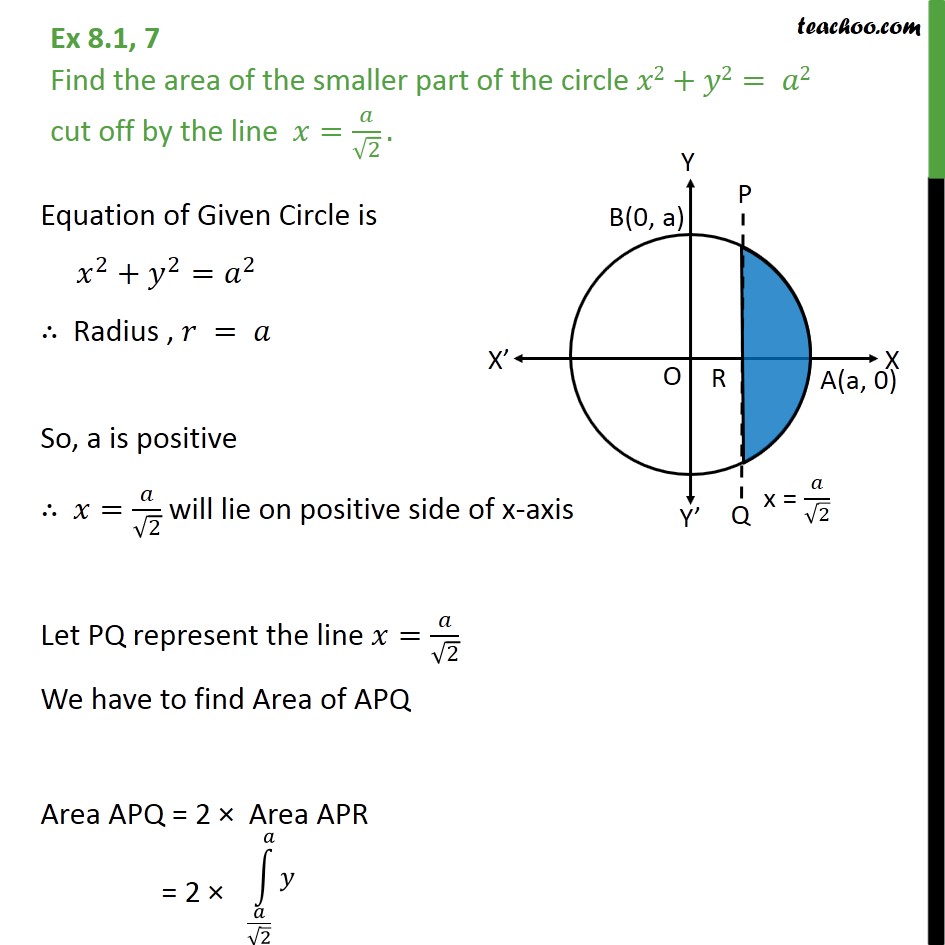 Question 5 Find Area Of Smaller Part Of Circle X2 Y2 A2 Cutoff