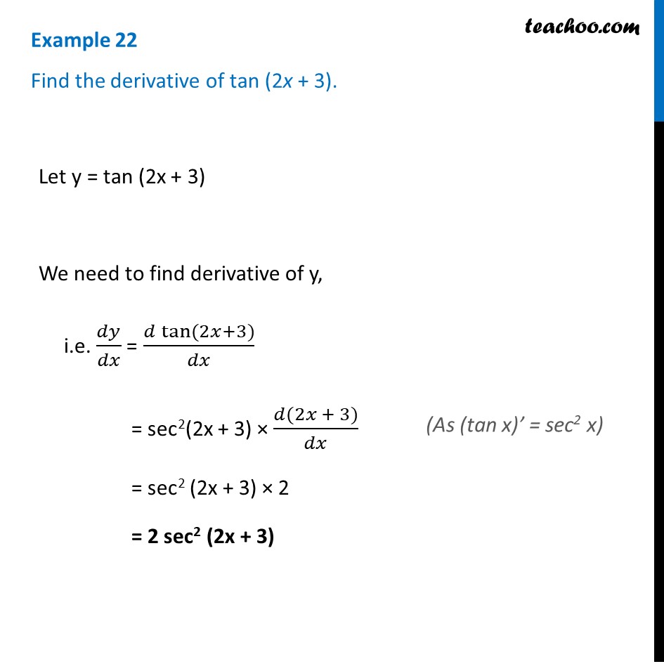 Example 22 Find Derivative Of Tan 2x 3 Chapter 5 Class 12