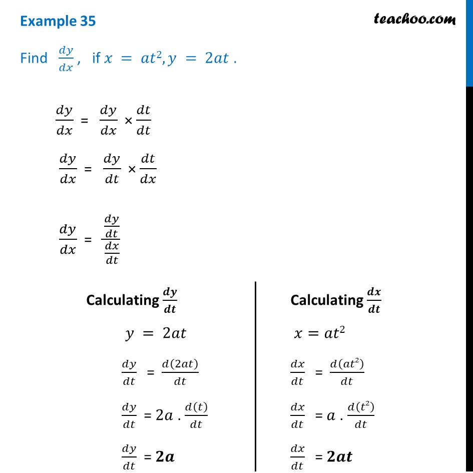 Example 35 - Find dy/dx, if x = at2, y = 2at - Class 12 CBSE