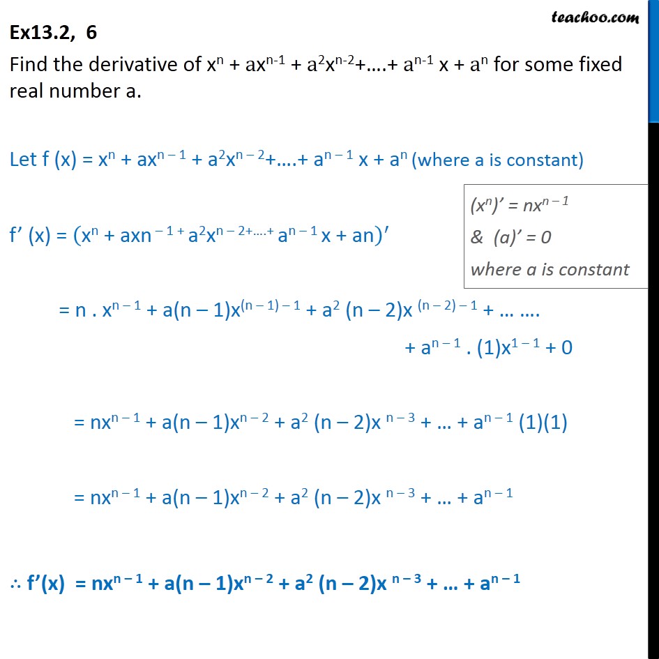 Ex 12 2 6 Find Derivative Of Xn Axn 1 A2xn 2 … An 1 X