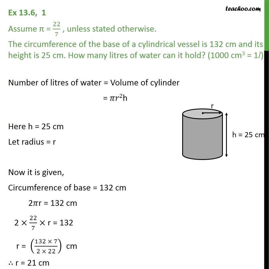 Ex 13.6, 1 - The circumference of base of a cylindrical - Ex 13.6