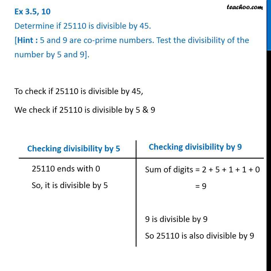 Question 2 - Determine if 25110 is divisible by 45 - Chapter 1 Class 6