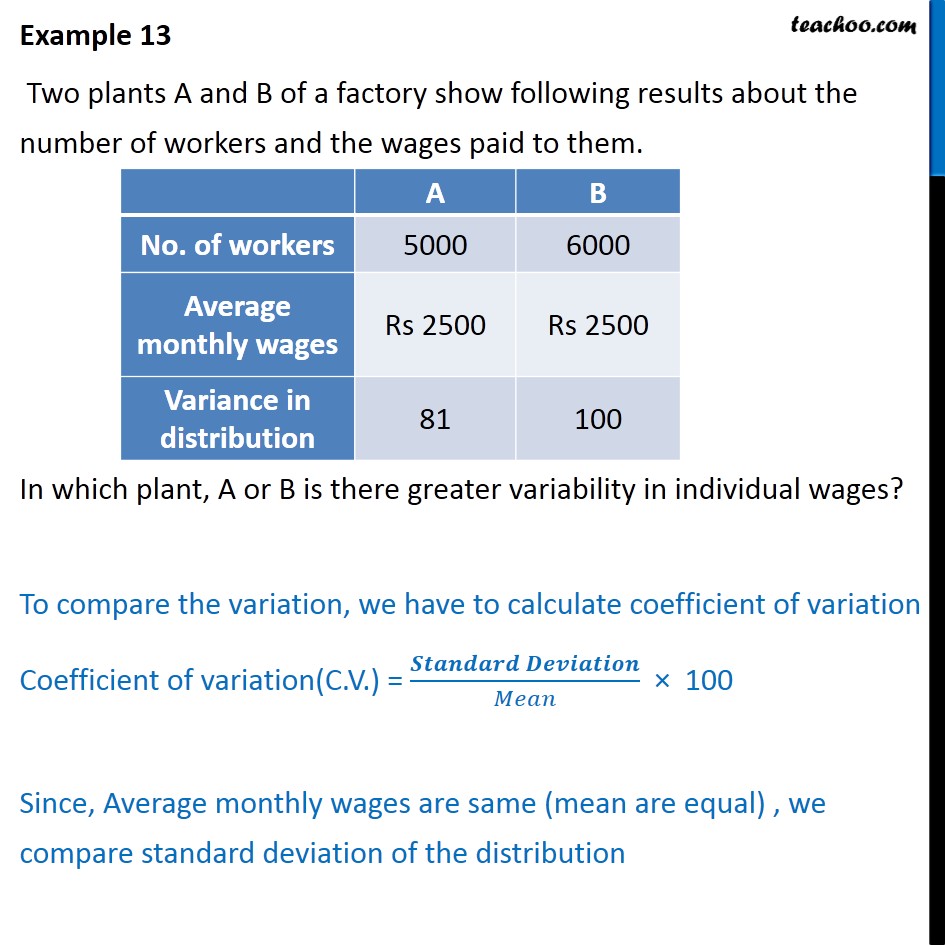 Example 13 - Two plants A and B of a factory show results - Co-efficient of variation