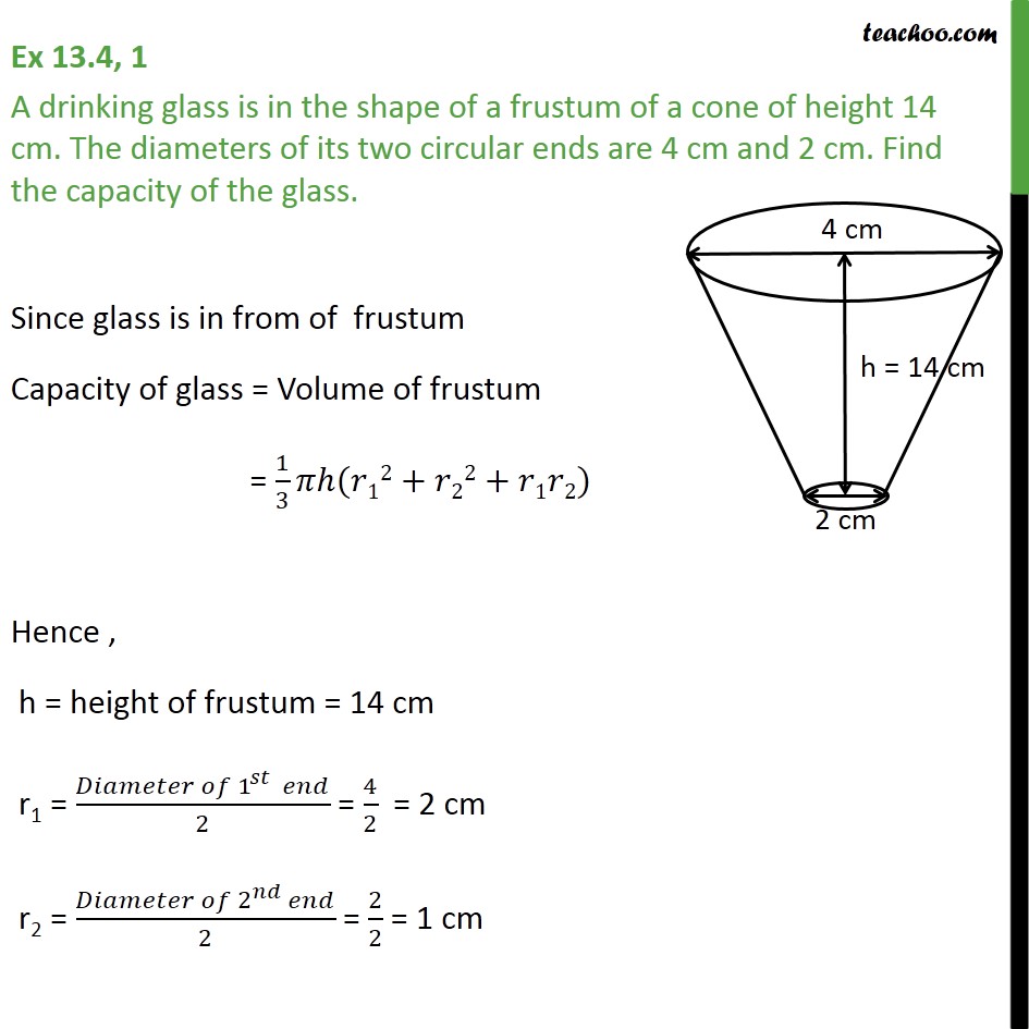 Ex 13.4, 1 - A drinking glass is in shape of a frustum - Frustum of a cone - Volume