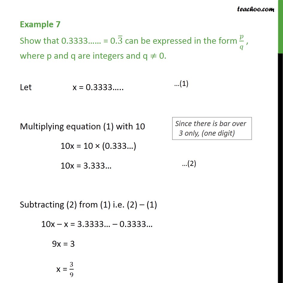 Example 7 - Show that 0.3333...... = 0.3 can be ... - Examples