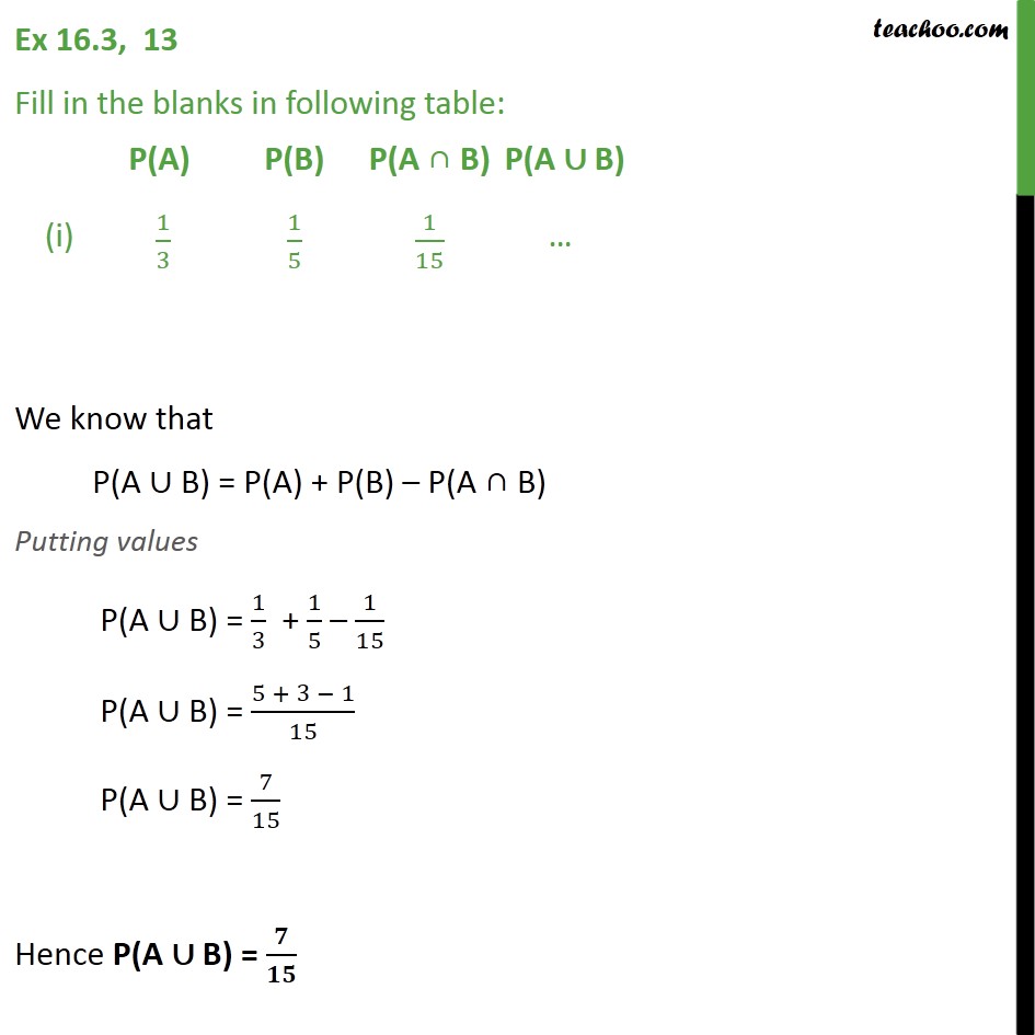 Ex 16.3, 13 - Fill in the blanks in following table - Using formulae of sets