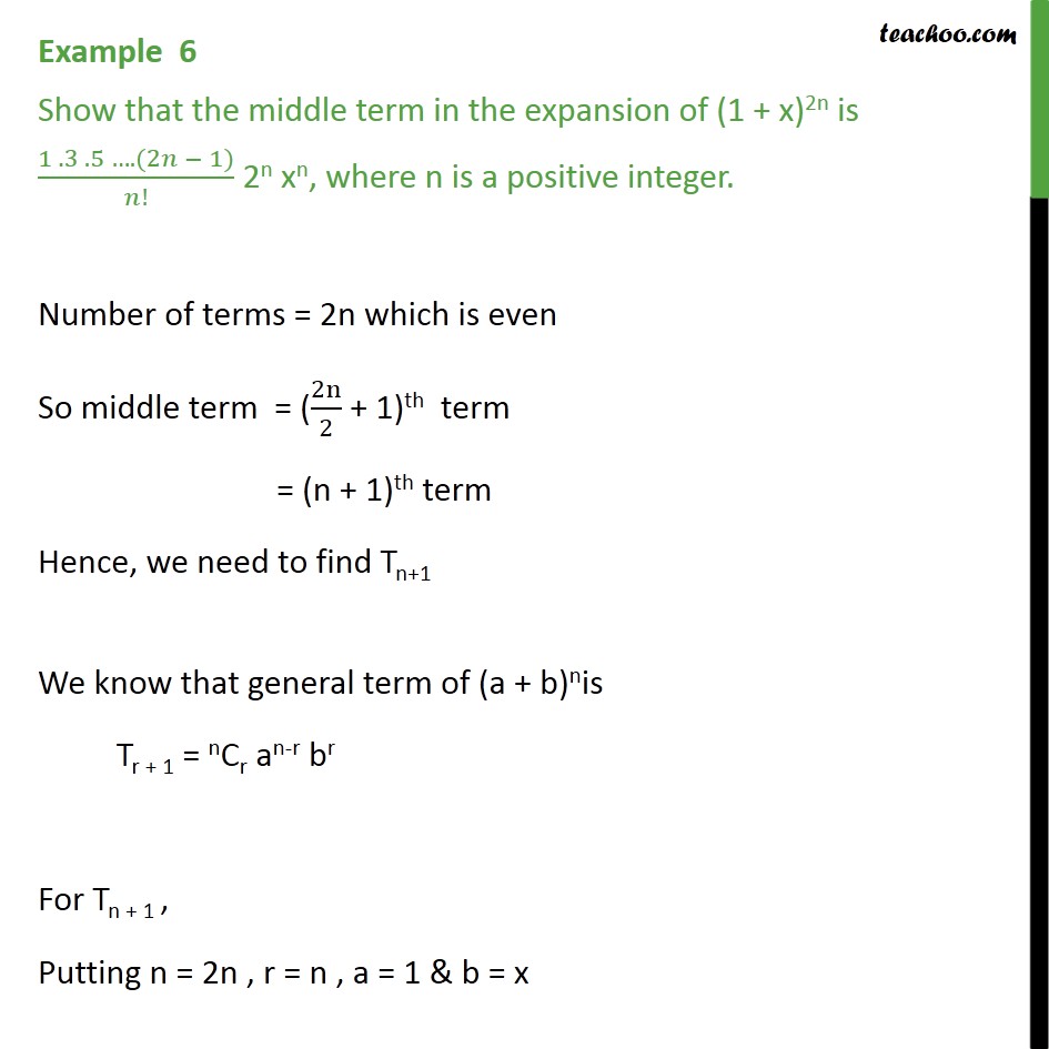 Example 6 - Show that middle term of (1 + x)2n is 1.3.5 ...