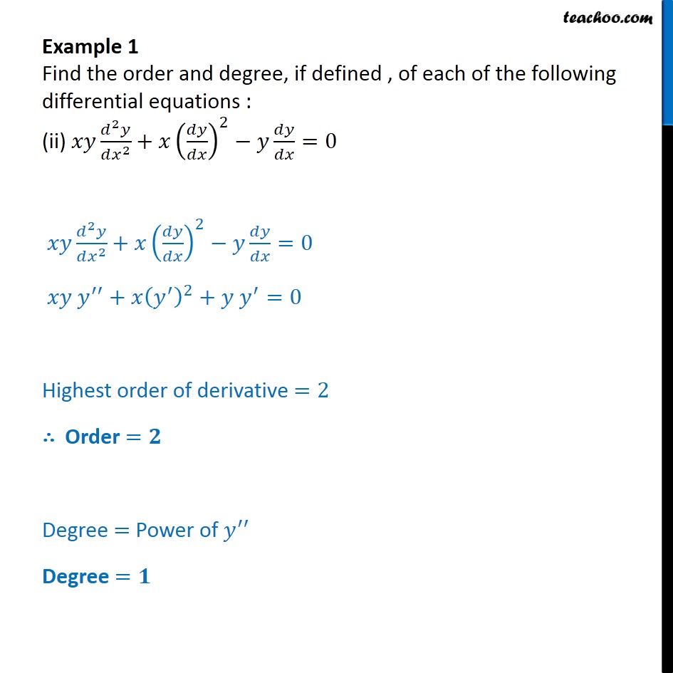 Example 1 - Find order and degree of differential equations - Examples