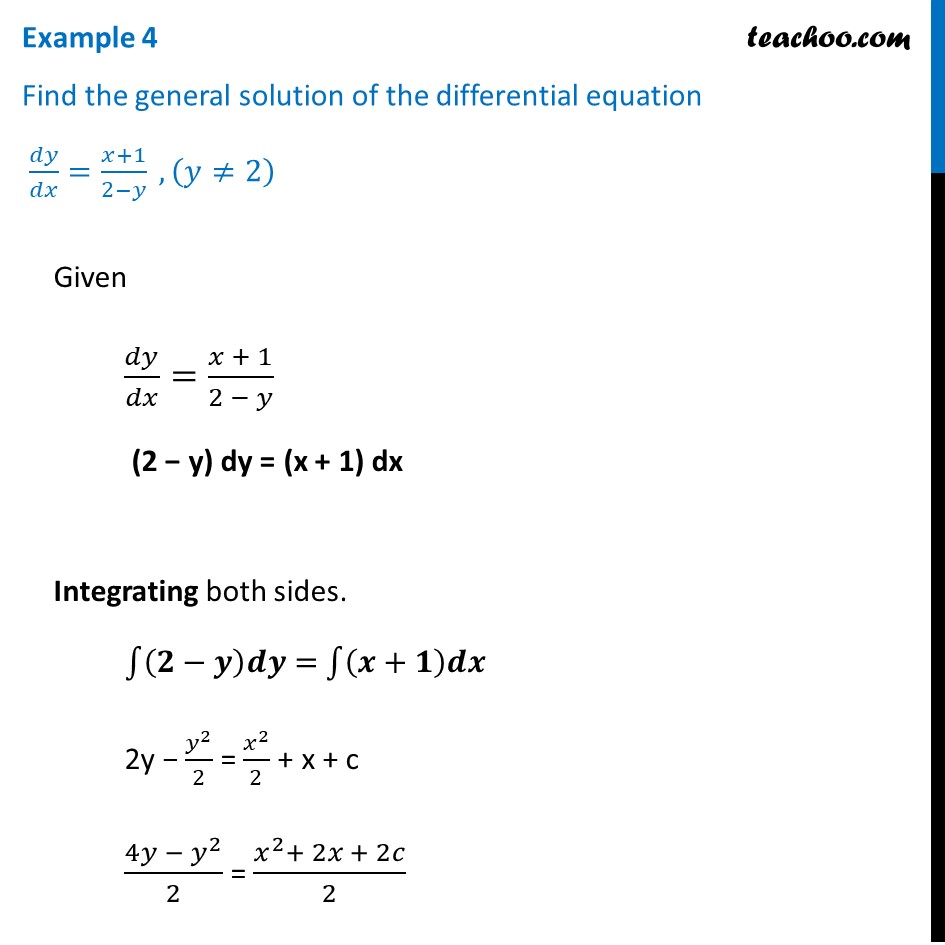 Example 4 - Find general solution of dy/dx = x+1 / 2-y - Examples