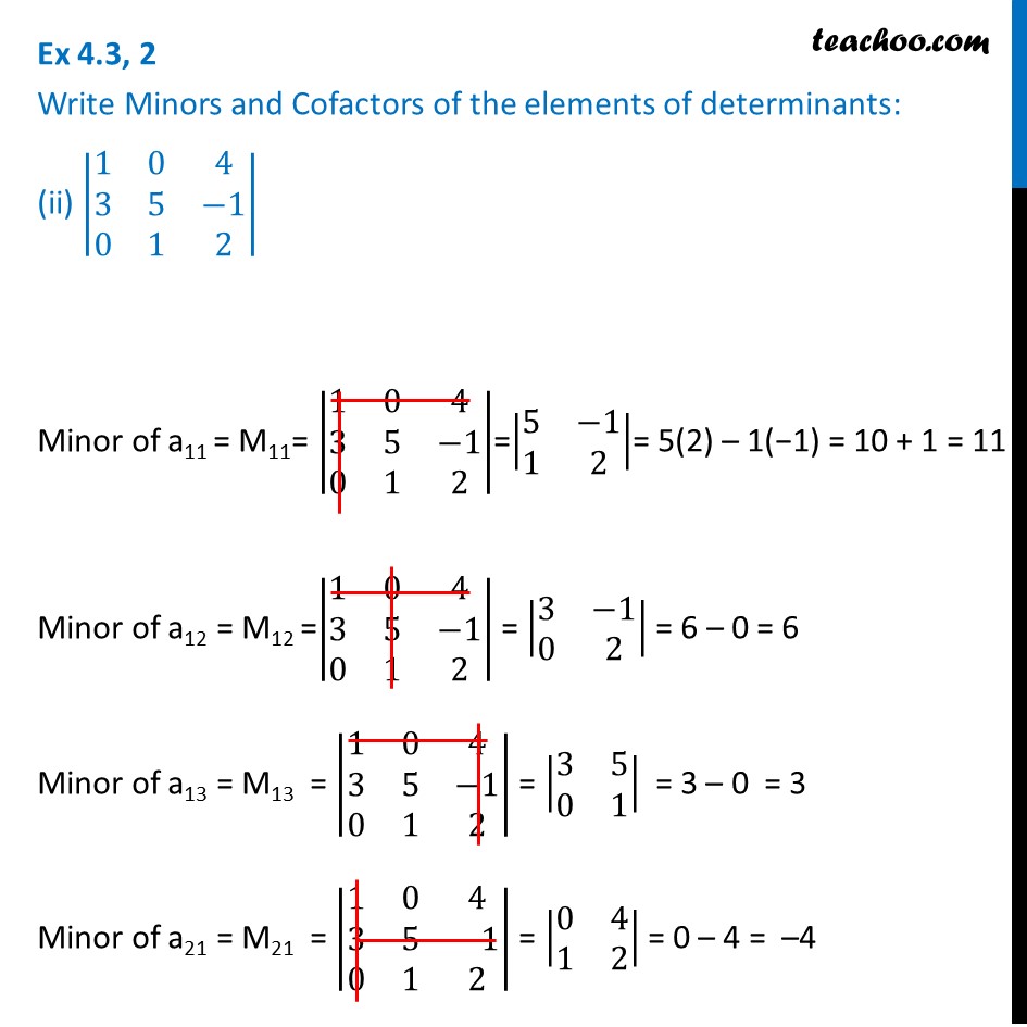 Ex 4.3, 2 (ii) - Write Minors And Cofactors Of Elements Of Determinant