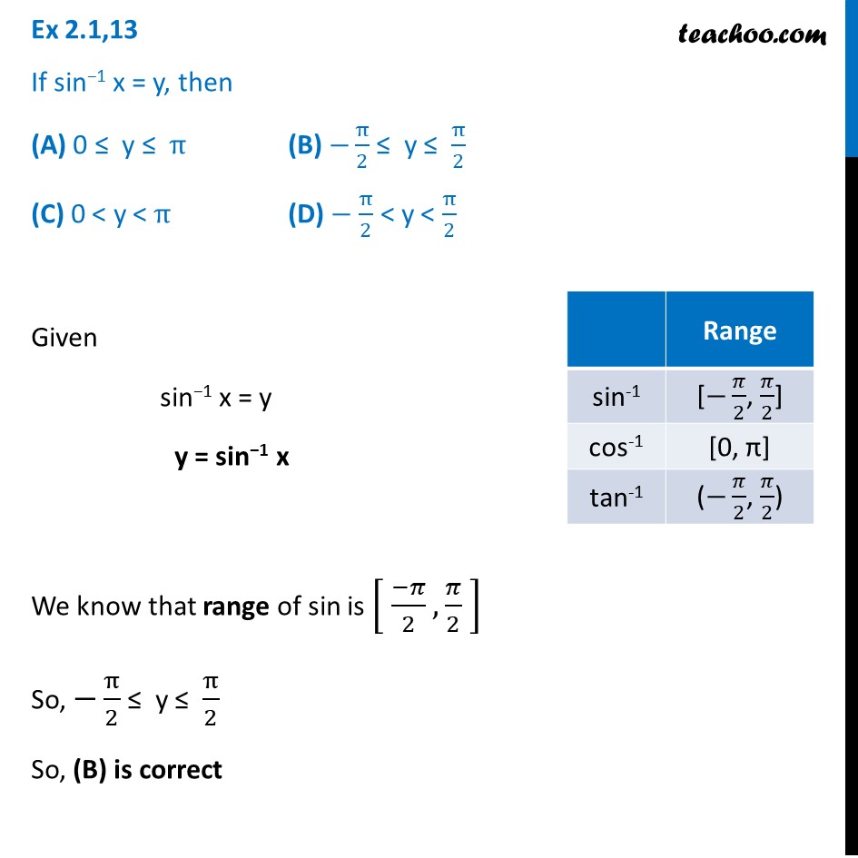 Ex 2.1, 13 - If sin-1 x = y, then - Chapter 2 Class 12 Inverse