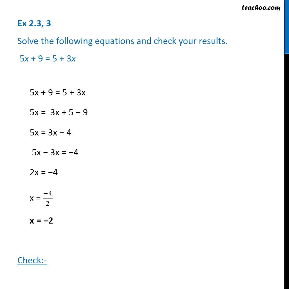 Ex 2.3, 3 Solve 5x + 9 = 5 + 3x Chapter 2 NCERT Maths Teachoo