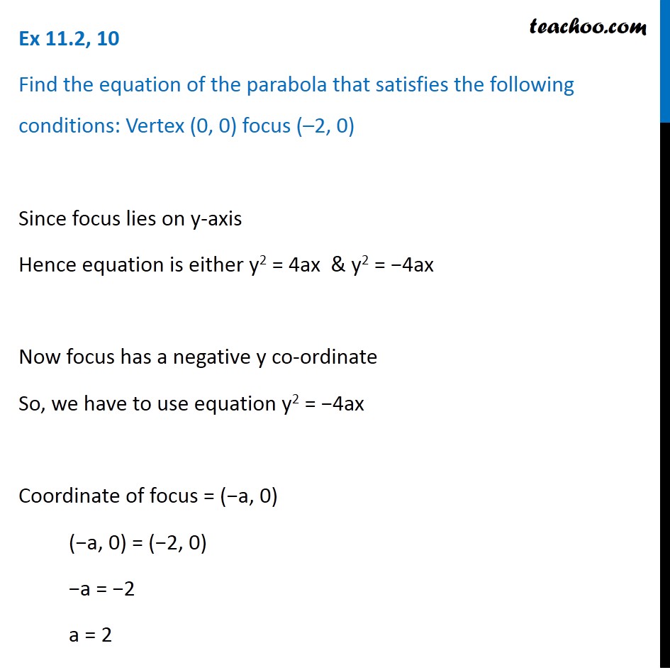 Ex 11.2, 10 - Find parabola: Vertex (0, 0) focus (-2, 0)