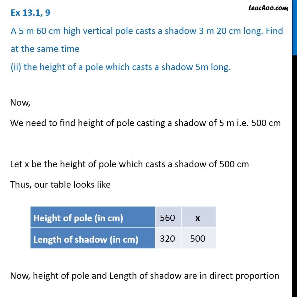 Ex 13 1 9 A 5 M 60 Cm High Vertical Pole Casts A Shadow 3 M Cm