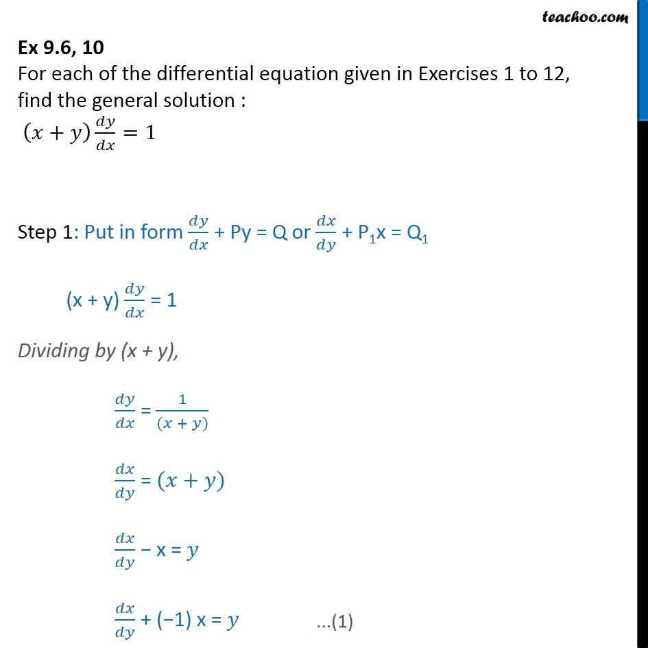 Ex 9 6 10 Find General Solution X Y Dy Dx 1 Ex 9 6