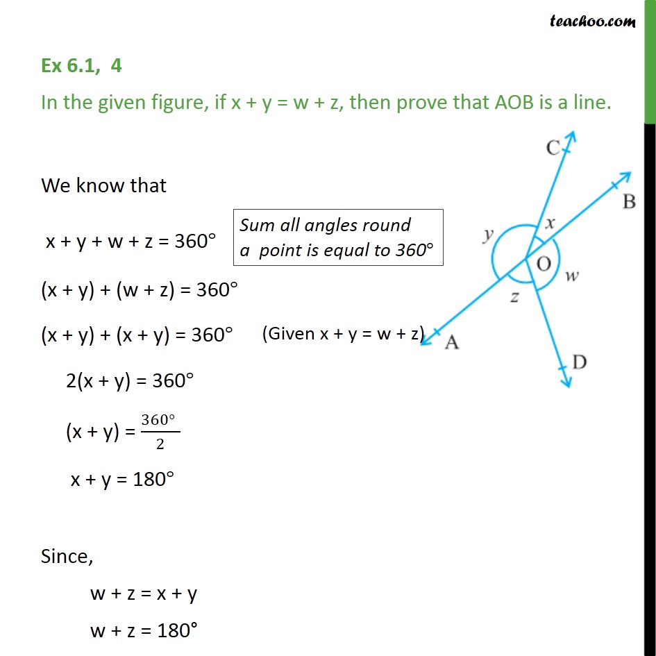 Ex 6 1 4 In Figure If X Y W Z Then Prove Aob Is Line