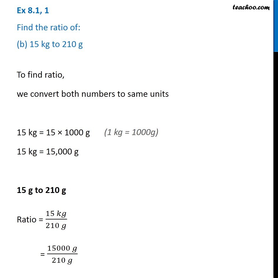 Find the ratio of (b) 15 kg to 210 g - Comparing Quantities Class 7