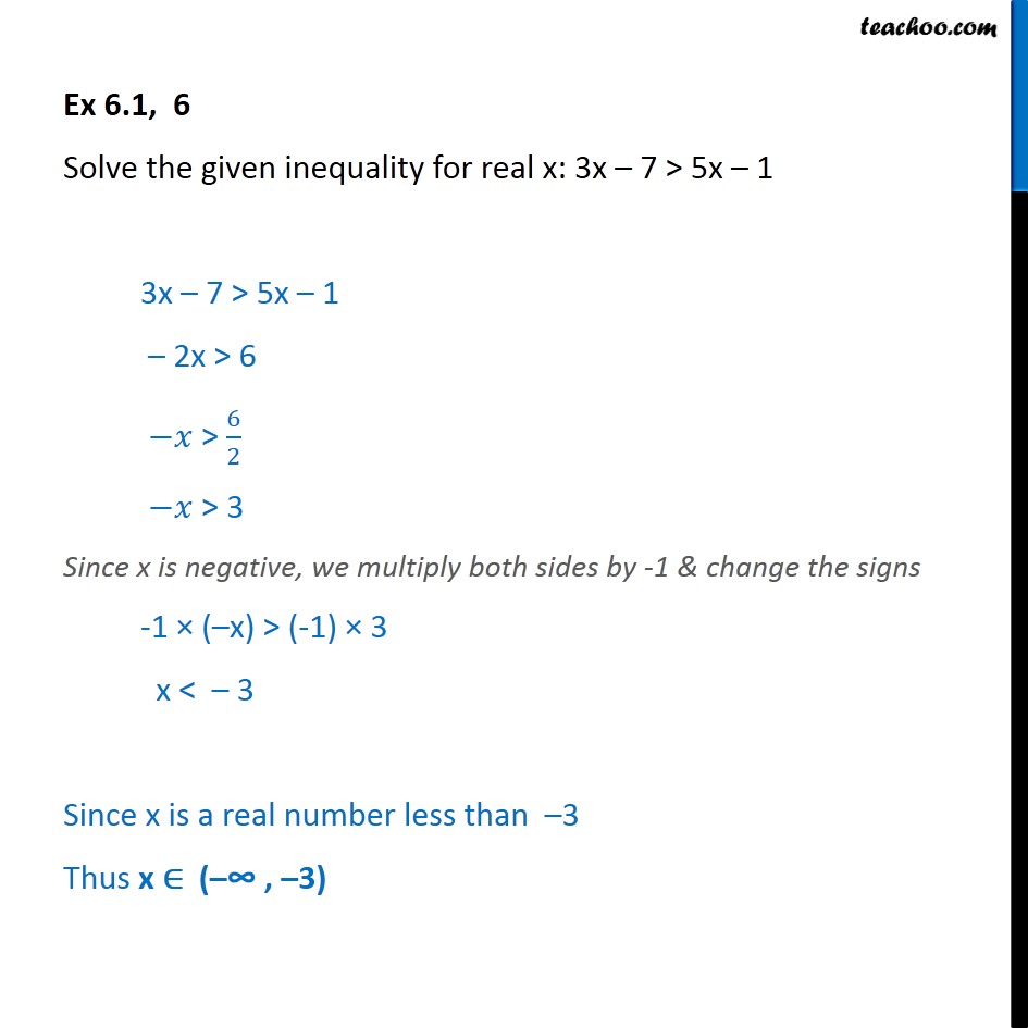 Ex 6.1, 6 - Solve 3x - 7 > 5x - 1 - Chapter 6 Class 11 - Solving inequality  (one side)