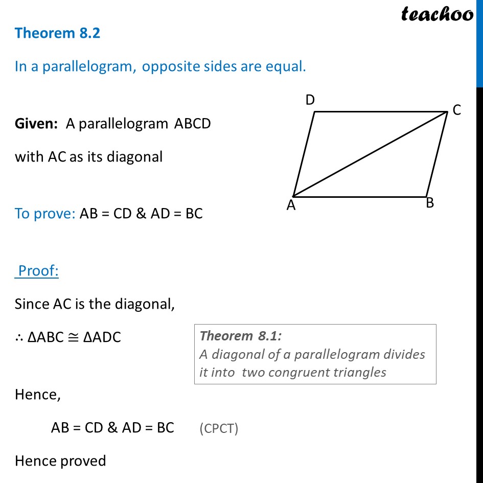 Theorem 8.2 - Class 9 - In parallelogram, opposite sides are equal