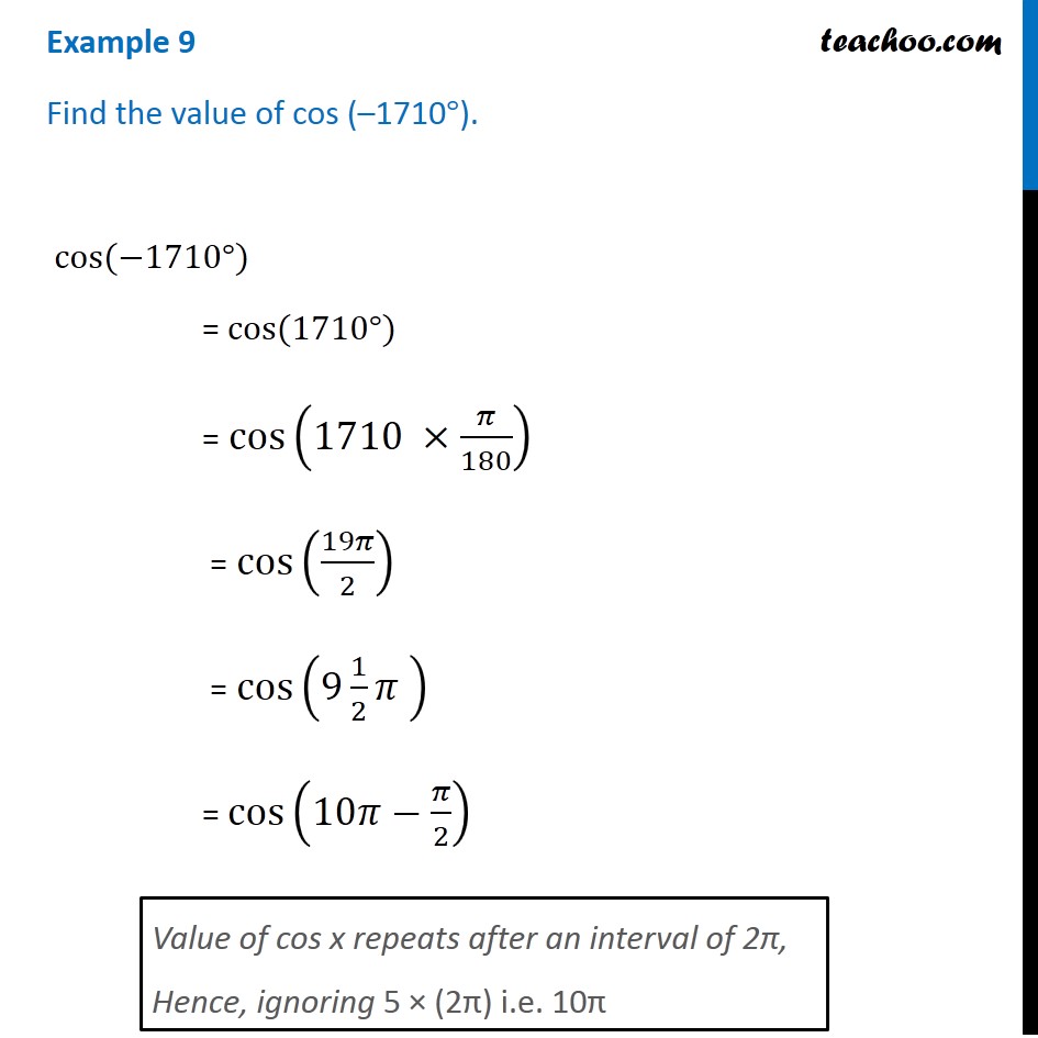 Example 9 -  Find value of cos (-1710) - Chapter 3 Class 11
