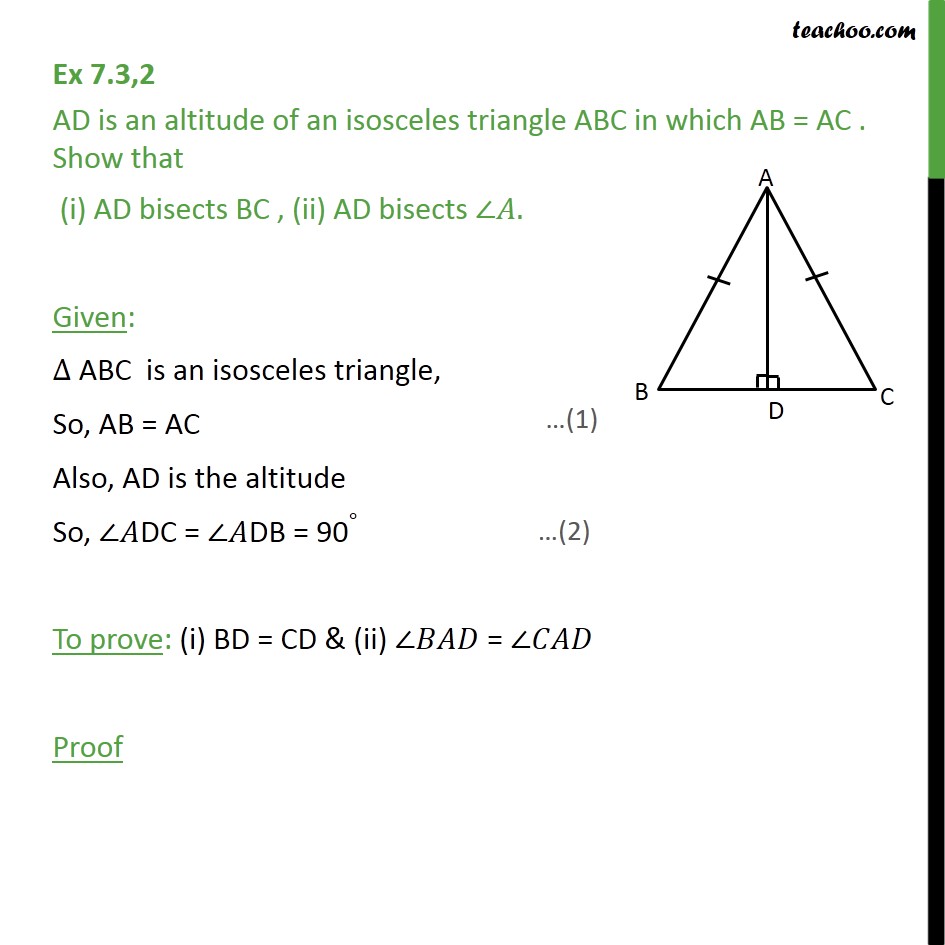 Ex 7.3, 2 - AD is an altitude of an isosceles triangle ABC - Ex 7.3