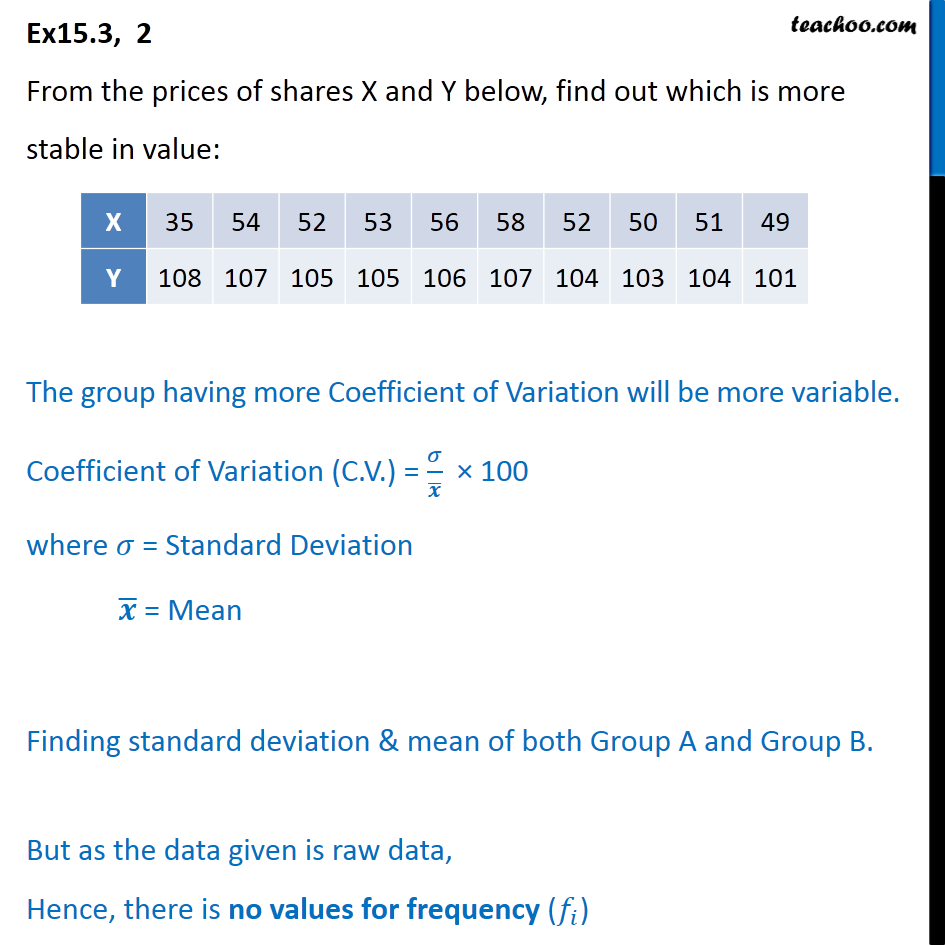 Ex 15.3,  2 - From the prices of shares X, Y, find out stable - Co-efficient of variation