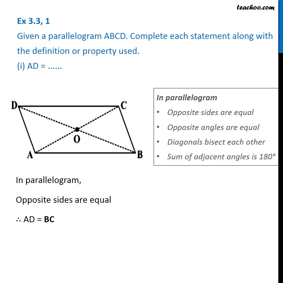 Ex 3.3, 1 - Given a parallelogram ABCD. Complete each statement